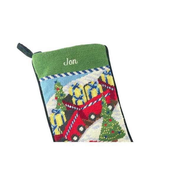 Lands End Needlepoint Christmas Stocking Red Train Monogrammed JON  20" Long - Picture 6 of 7